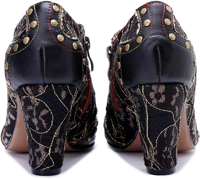 CrazycatZ Women's Leather Dressing Shoes Pumps,Colorful Block Heel Leather Dress Pumps