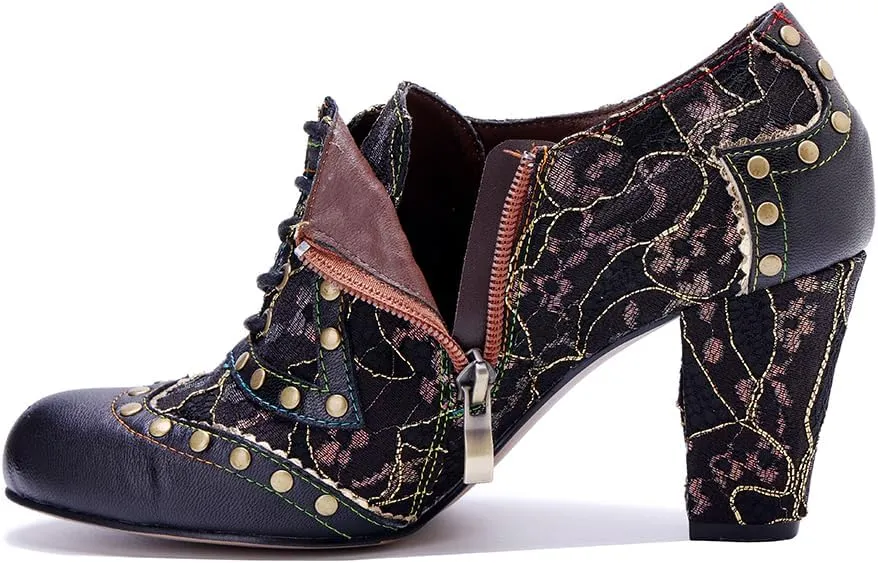 CrazycatZ Women's Leather Dressing Shoes Pumps,Colorful Block Heel Leather Dress Pumps