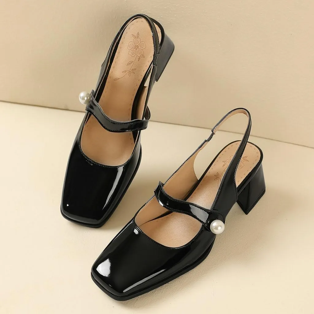 DINTAHA Womens Square Toe Slingback Heels Patent Leather Chunky Mary Jane Heels