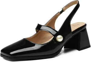 DINTAHA Womens Square Toe Slingback Heels Patent Leather Chunky Mary Jane Heels