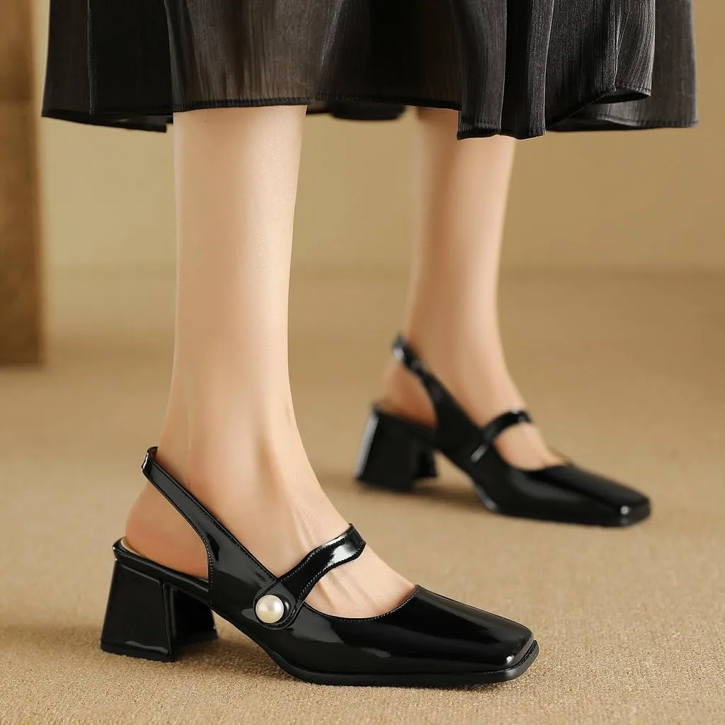 DINTAHA Womens Square Toe Slingback Heels Patent Leather Chunky Mary Jane Heels