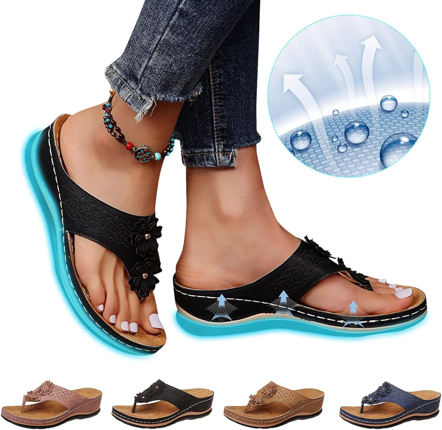 Eduavar Walking Sandals Women Comfort, Womens Sandals Comfortable Flip Flops Summer Beach Wedge Sandals with Arch Support