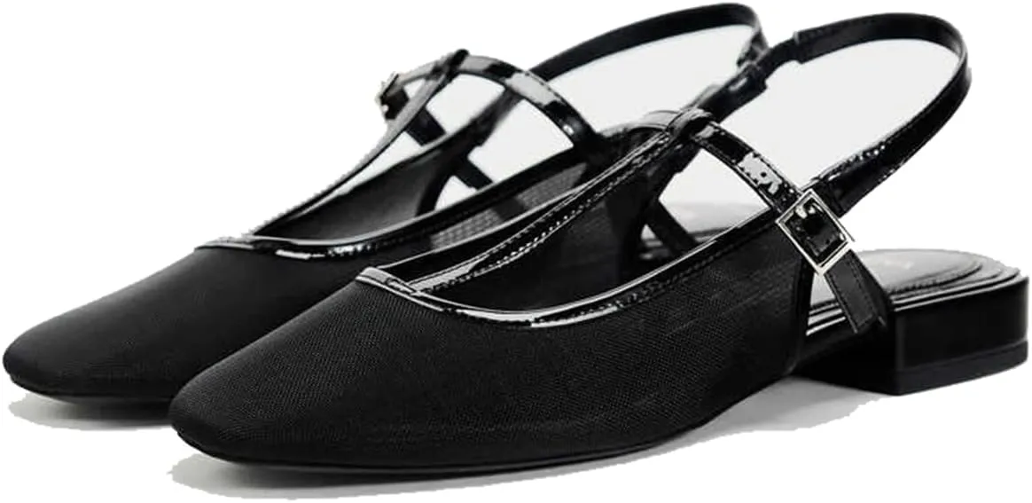 Elegant Womens Mesh Slingback Mary Janes Chunky Heel Pumps Buckle Strap Work Pumps