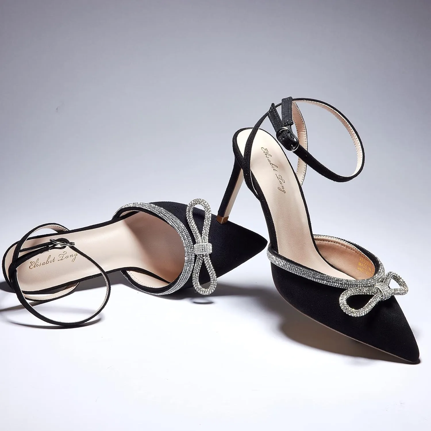 Elisabet Tang Women's High Heel Pumps,Rhinestone Strip Bowknot Ankle Buckle Straps Heels Stiletto Sandals Suede Pointed Closed Toe Strappy Heels Pumps Wedding Dress Shoes