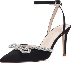 Elisabet Tang Women's High Heel Pumps,Rhinestone Strip Bowknot Ankle Buckle Straps Heels Stiletto Sandals Suede Pointed Closed Toe Strappy Heels Pumps Wedding Dress Shoes
