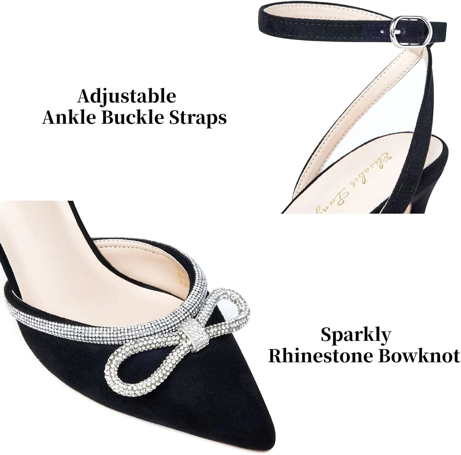Elisabet Tang Women's High Heel Pumps,Rhinestone Strip Bowknot Ankle Buckle Straps Heels Stiletto Sandals Suede Pointed Closed Toe Strappy Heels Pumps Wedding Dress Shoes