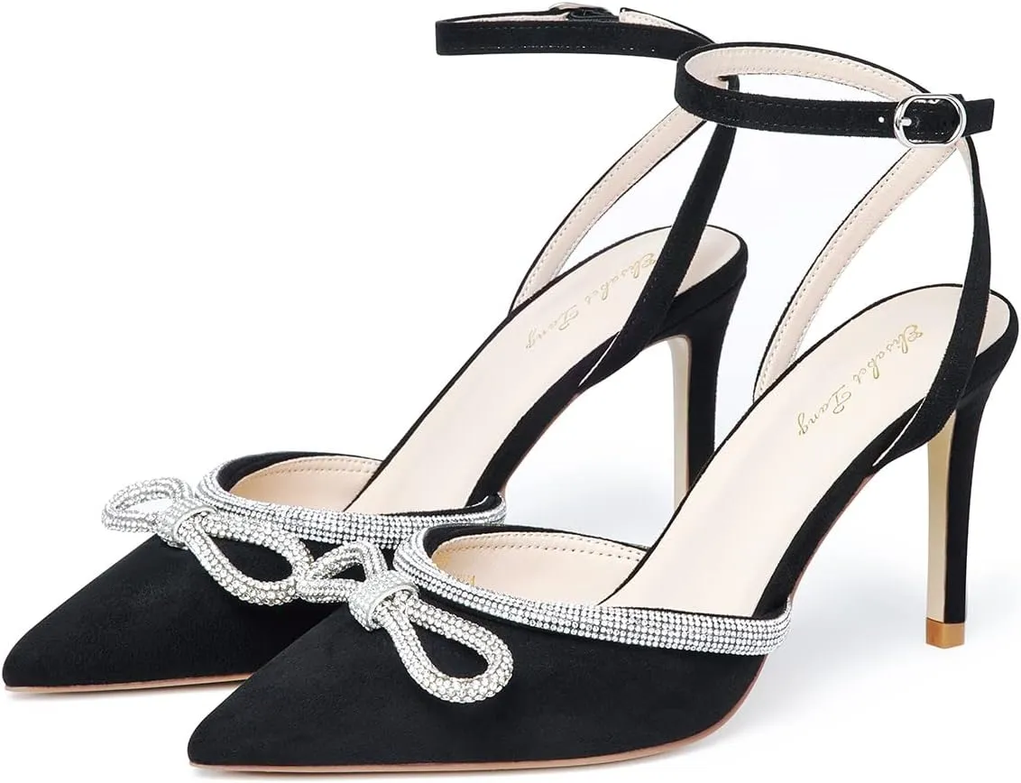 Elisabet Tang Women's High Heel Pumps,Rhinestone Strip Bowknot Ankle Buckle Straps Heels Stiletto Sandals Suede Pointed Closed Toe Strappy Heels Pumps Wedding Dress Shoes