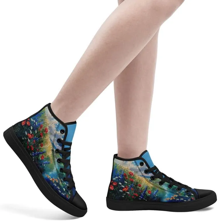 Flower Art High Top Canvas Sneakers Lace Up Classic Casual Walking Shoes Fashion Ladies Girls Flat Running Trainers