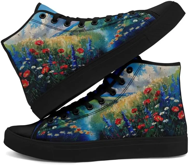 Flower Art High Top Canvas Sneakers Lace Up Classic Casual Walking Shoes Fashion Ladies Girls Flat Running Trainers