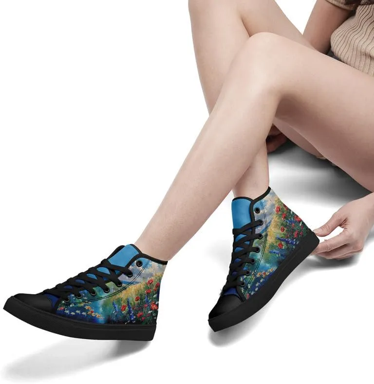 Flower Art High Top Canvas Sneakers Lace Up Classic Casual Walking Shoes Fashion Ladies Girls Flat Running Trainers