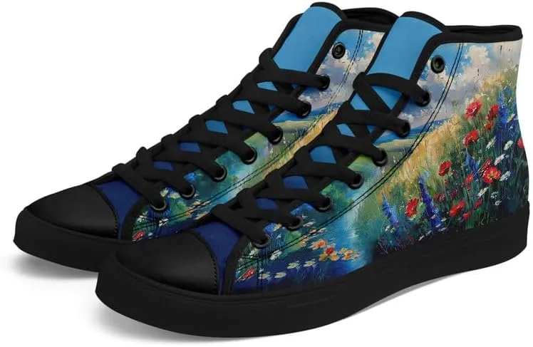 Flower Art High Top Canvas Sneakers Lace Up Classic Casual Walking Shoes Fashion Ladies Girls Flat Running Trainers