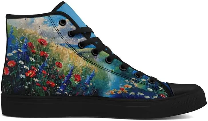 Flower Art High Top Canvas Sneakers Lace Up Classic Casual Walking Shoes Fashion Ladies Girls Flat Running Trainers