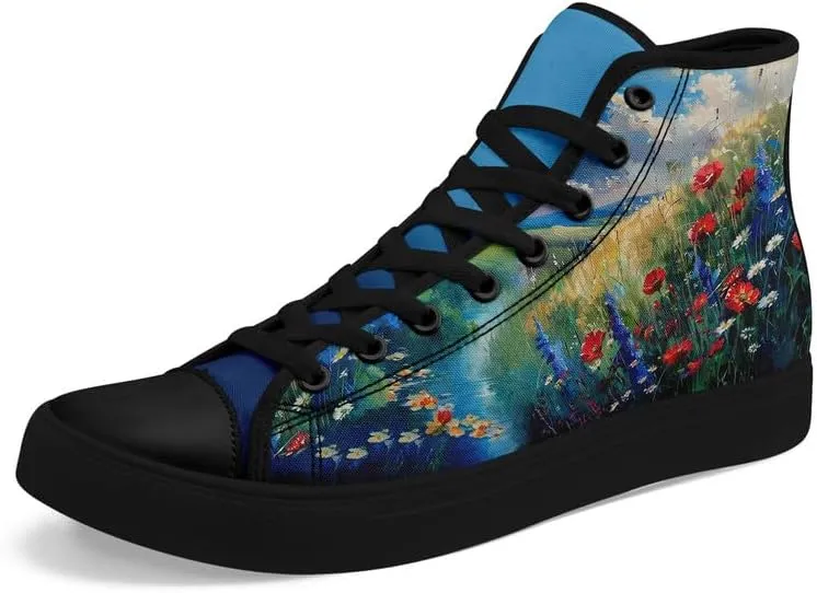 Flower Art High Top Canvas Sneakers Lace Up Classic Casual Walking Shoes Fashion Ladies Girls Flat Running Trainers