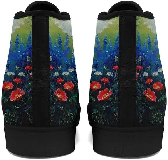 Flower Art High Top Canvas Sneakers Lace Up Classic Casual Walking Shoes Fashion Ladies Girls Flat Running Trainers