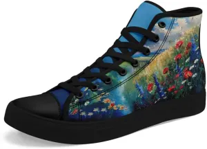 Flower Art High Top Canvas Sneakers Lace Up Classic Casual Walking Shoes Fashion Ladies Girls Flat Running Trainers