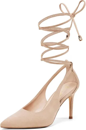 GENSHUO Lace Up Pumps for Women Strappy High Heels Sexy Pointed Closed Toe Shoes 3 Inch Stiletto Heels Suede Dress Party Wedding Shoes
