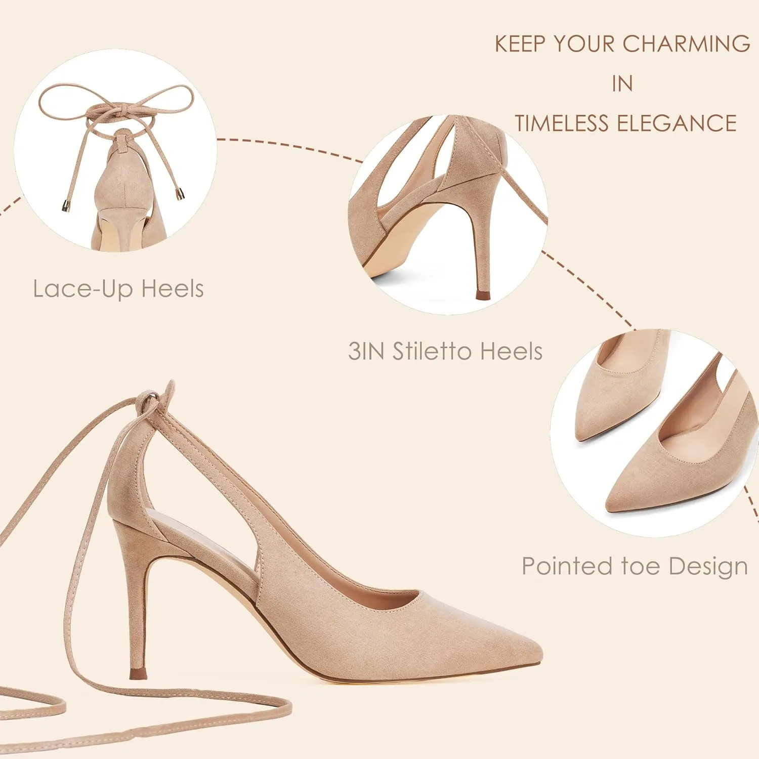 GENSHUO Lace Up Pumps for Women Strappy High Heels Sexy Pointed Closed Toe Shoes 3 Inch Stiletto Heels Suede Dress Party Wedding Shoes