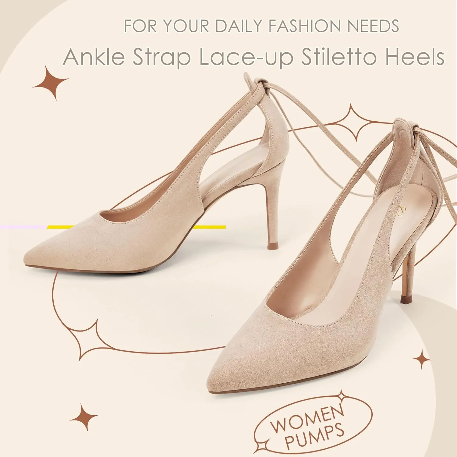 GENSHUO Lace Up Pumps for Women Strappy High Heels Sexy Pointed Closed Toe Shoes 3 Inch Stiletto Heels Suede Dress Party Wedding Shoes