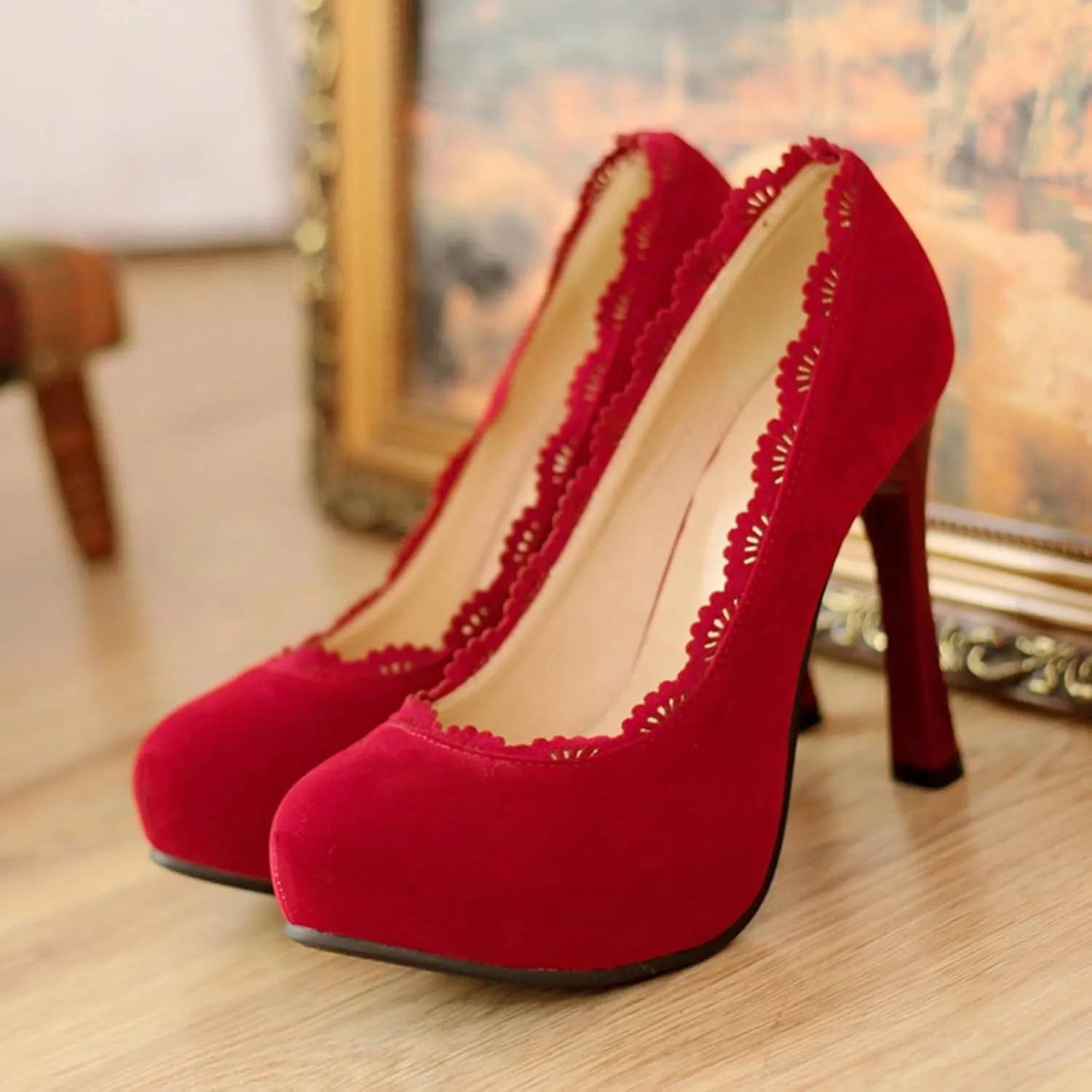 Gicoiz Platform Stiletto Heels Women Round Toe Suede Pumps