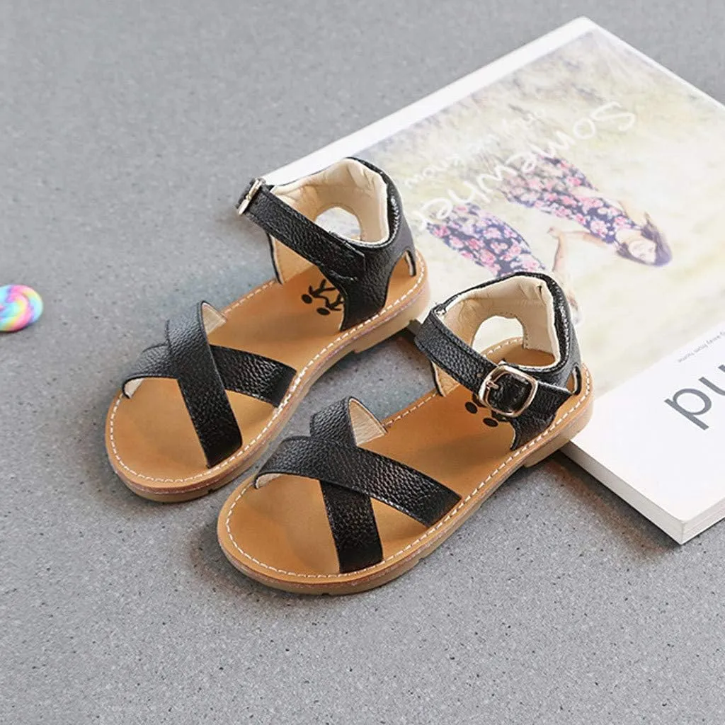 Girls Kids Rubber Sole Open Toe Leather Sandals 𝗟ow Heels Summer Ankle Outdoor Dress Shoes Toddler Dance Casual Loafers