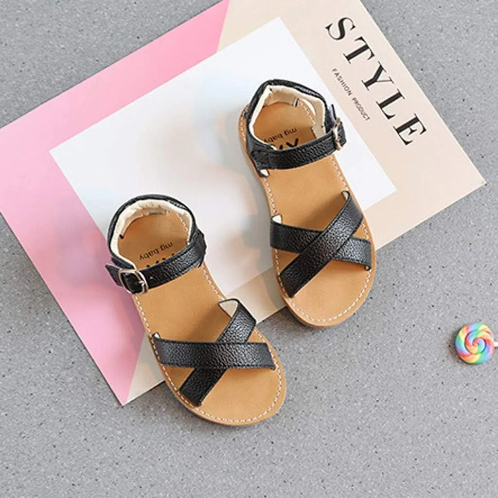 Girls Kids Rubber Sole Open Toe Leather Sandals 𝗟ow Heels Summer Ankle Outdoor Dress Shoes Toddler Dance Casual Loafers