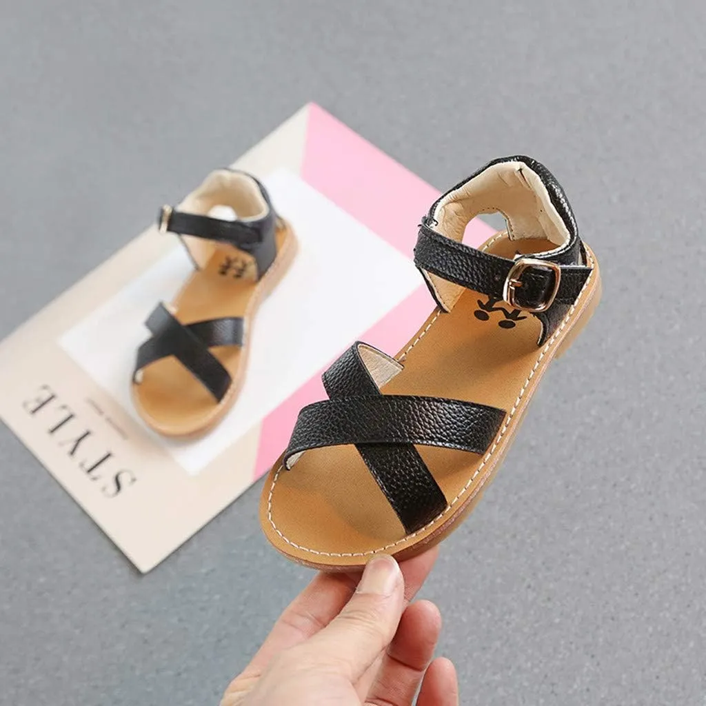 Girls Kids Rubber Sole Open Toe Leather Sandals 𝗟ow Heels Summer Ankle Outdoor Dress Shoes Toddler Dance Casual Loafers