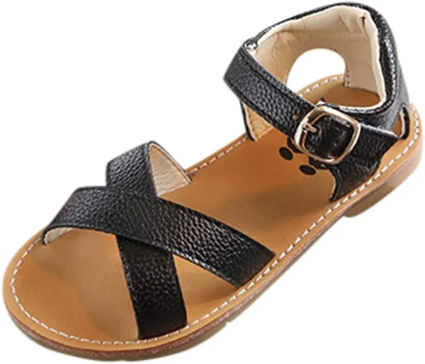 Girls Kids Rubber Sole Open Toe Leather Sandals 𝗟ow Heels Summer Ankle Outdoor Dress Shoes Toddler Dance Casual Loafers