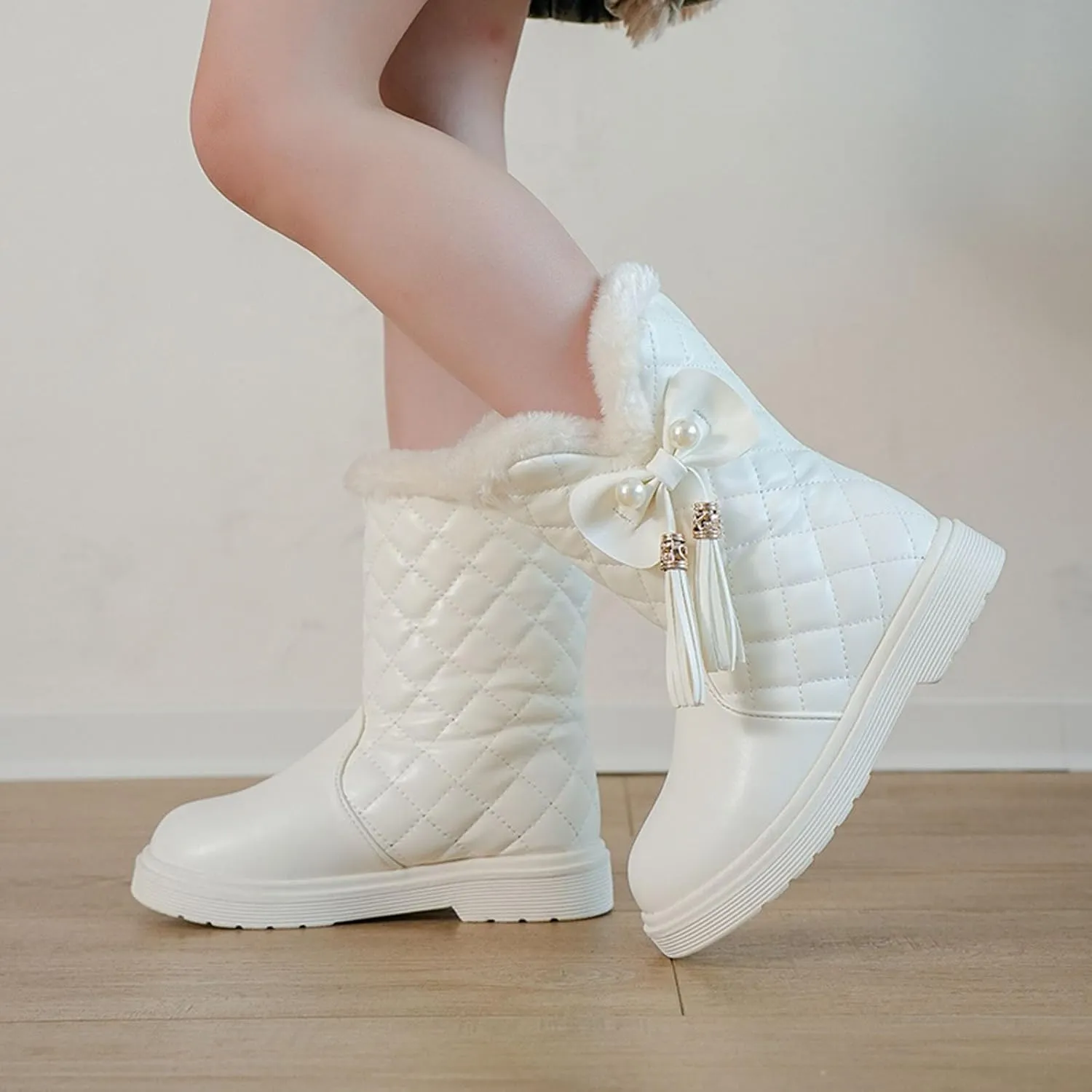 Girls Winter Snow Boots Faux Fur Lined Slip on Ankle Booties Mid Calf Non-Slip Outdoor Walking Shoes Little/Big Kids