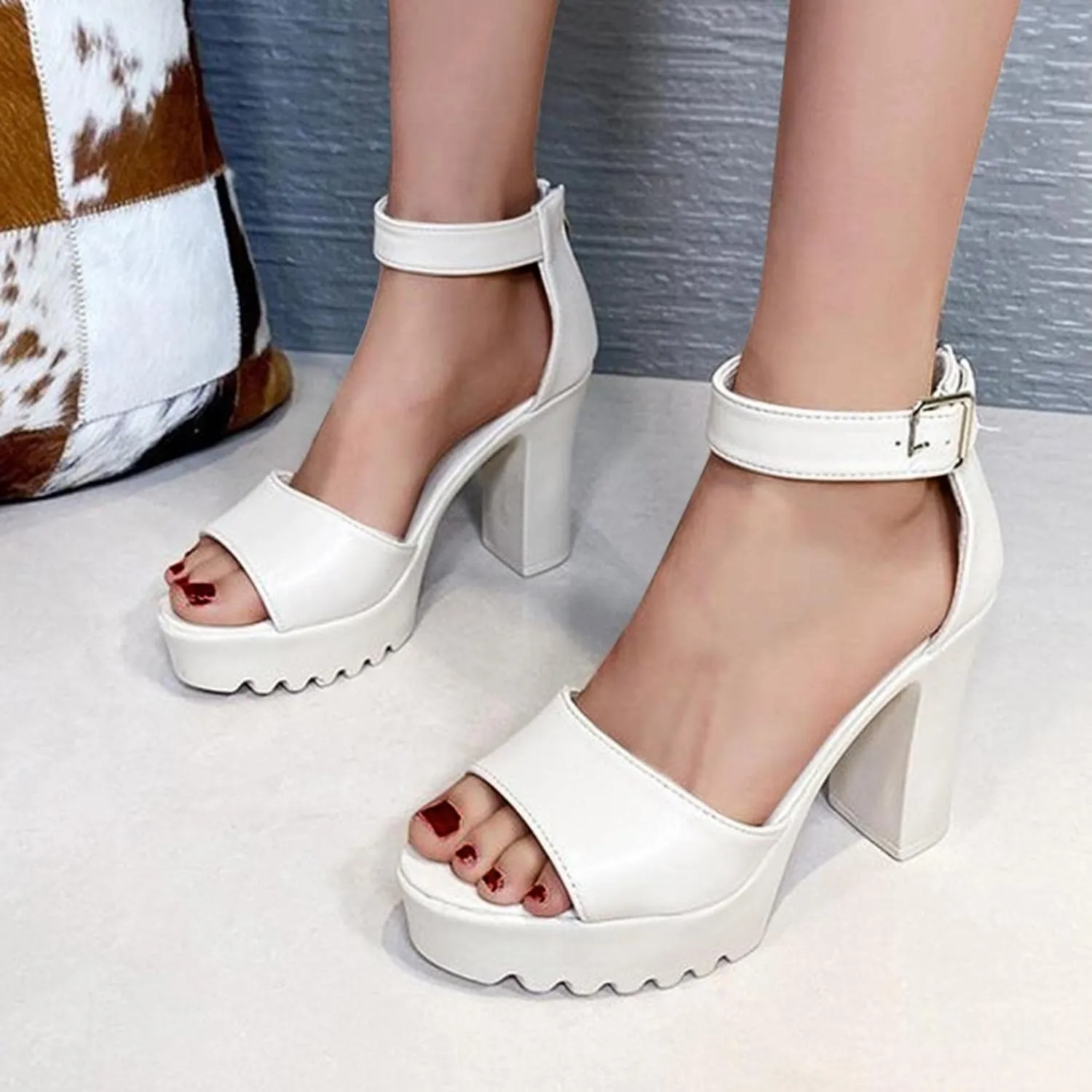 Hbeylia Dressy Pump High Heels For Women Ladies Fashion Casual Platform Wedge Lug Sole Chunky Block Thick Heels Sexy Open Toe Gothic Ankle Strap Spring Fall Sandals For Wedding Party