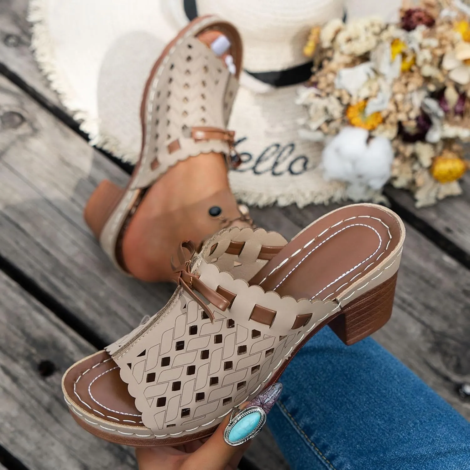 Heeled Sandals for Women Summer Orthopedic Clogs Wide Width Wedge Non Slip Sandals Leather Open Toe Outdoor Beach Slip On Slippers