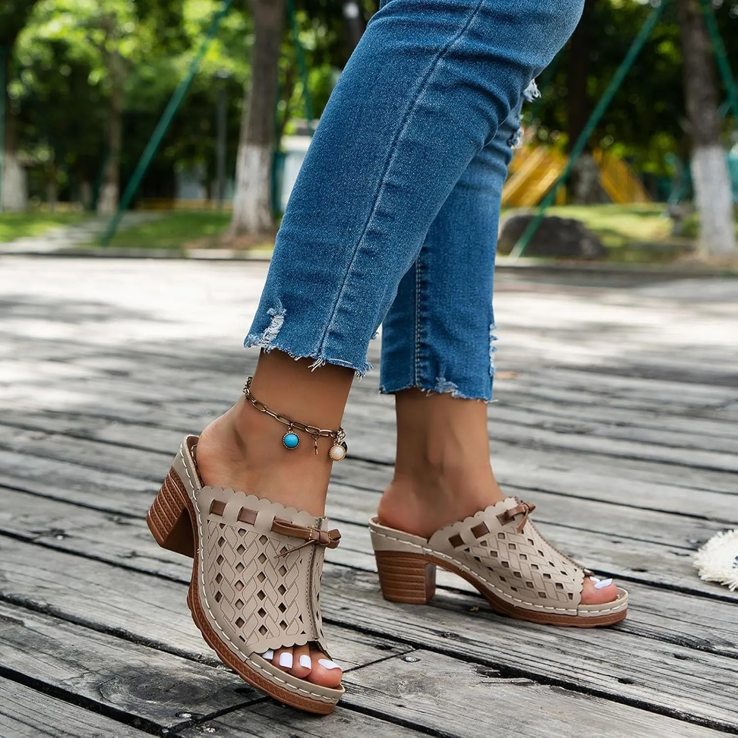Heeled Sandals for Women Summer Orthopedic Clogs Wide Width Wedge Non Slip Sandals Leather Open Toe Outdoor Beach Slip On Slippers