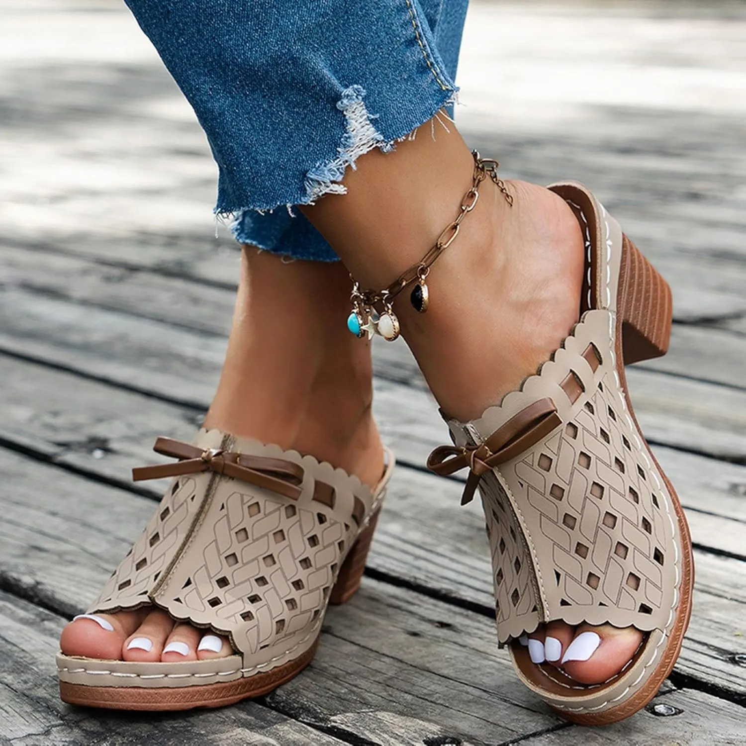 Heeled Sandals for Women Summer Orthopedic Clogs Wide Width Wedge Non Slip Sandals Leather Open Toe Outdoor Beach Slip On Slippers
