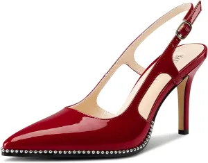 HEUIVZAR Womens Beaded Pumps Slingback Stiletto High Heels Pointed Toe Slip-on Sandals Adjustable Buckle Pearls Patent Leather Dress Shoes 3.5 Inches Heels