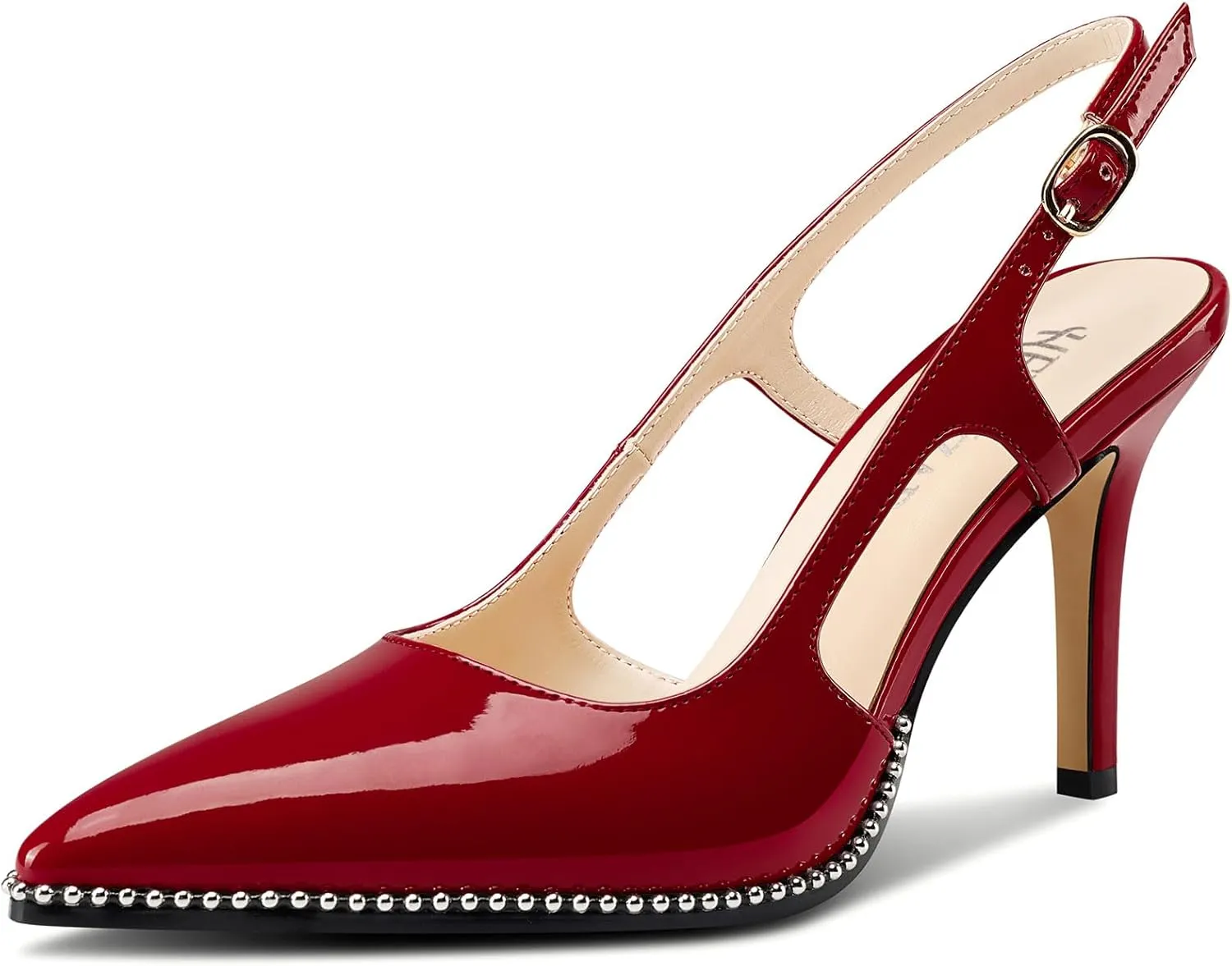 HEUIVZAR Womens Beaded Pumps Slingback Stiletto High Heels Pointed Toe Slip-on Sandals Adjustable Buckle Pearls Patent Leather Dress Shoes 3.5 Inches Heels
