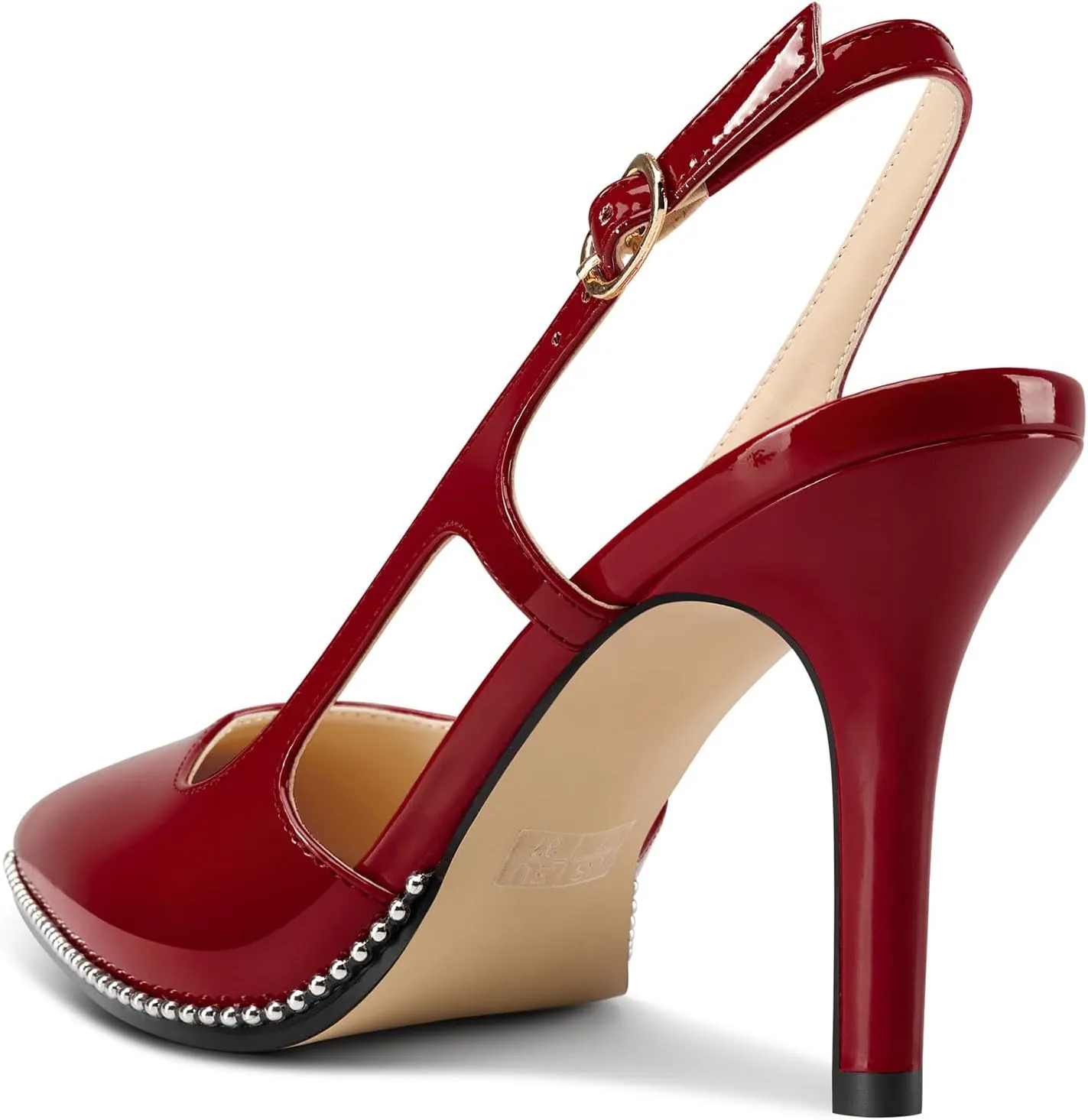 HEUIVZAR Womens Beaded Pumps Slingback Stiletto High Heels Pointed Toe Slip-on Sandals Adjustable Buckle Pearls Patent Leather Dress Shoes 3.5 Inches Heels