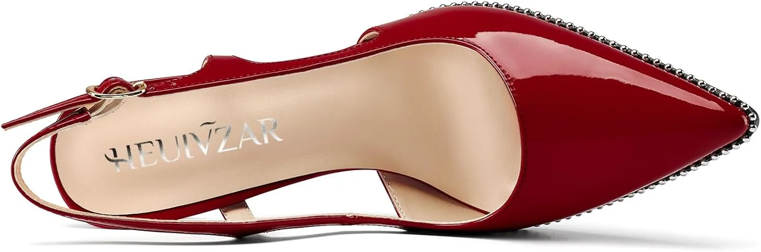 HEUIVZAR Womens Beaded Pumps Slingback Stiletto High Heels Pointed Toe Slip-on Sandals Adjustable Buckle Pearls Patent Leather Dress Shoes 3.5 Inches Heels