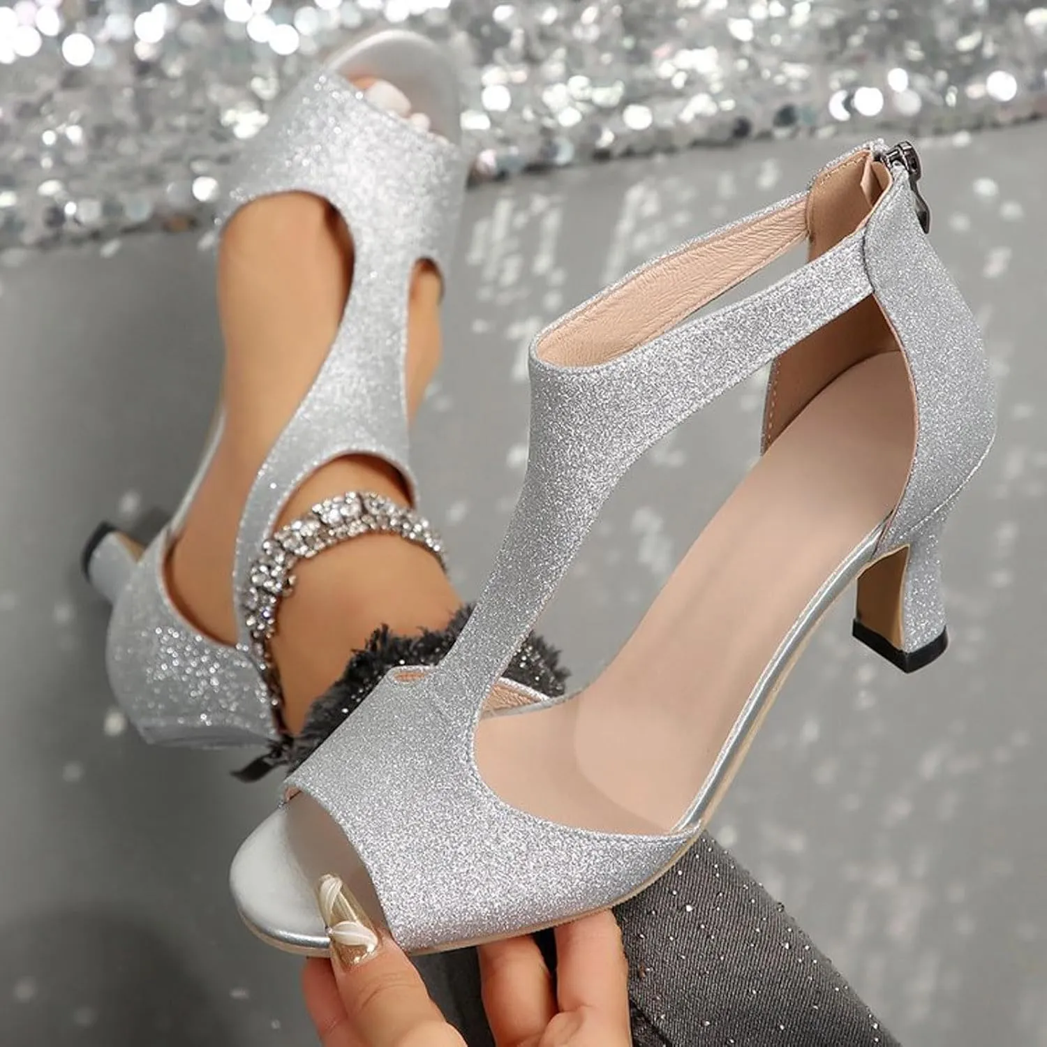 High Heels for Women Summer Open Toe Sandals Zip Closure Dress Shoes Casual Suede Leather Fish Mouth Sandals