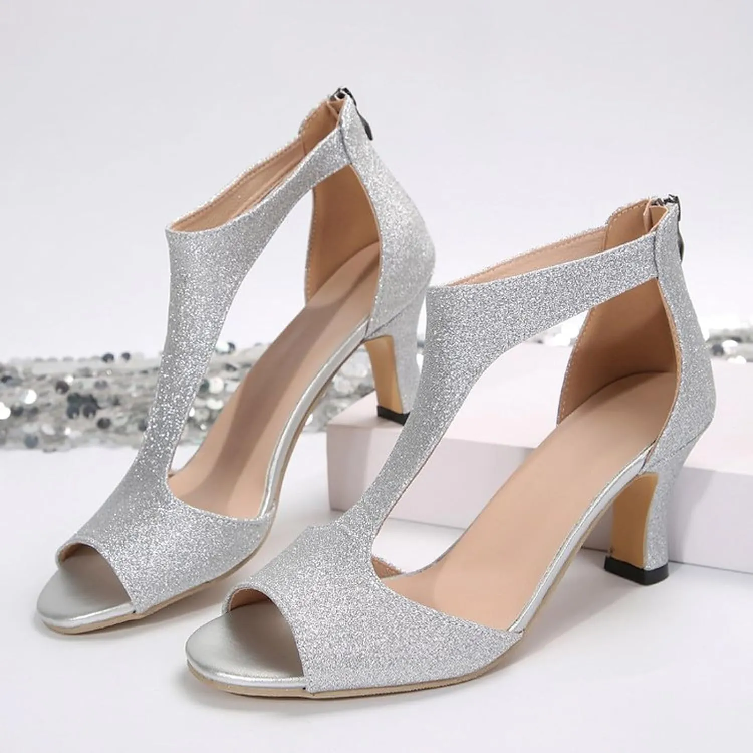 High Heels for Women Summer Open Toe Sandals Zip Closure Dress Shoes Casual Suede Leather Fish Mouth Sandals