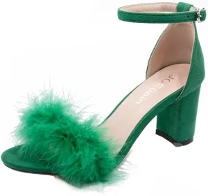 JOEupin Women's Ankle Strap Fluffy Feather Ankle Strap Block Heels Sandals Party Evening High Heel Pump Shoes 2.75"