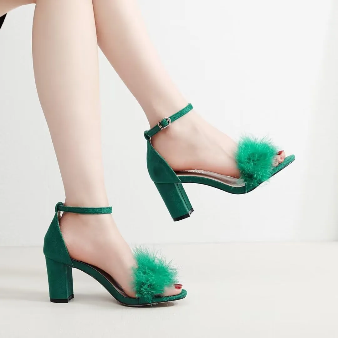 JOEupin Women's Ankle Strap Fluffy Feather Ankle Strap Block Heels Sandals Party Evening High Heel Pump Shoes 2.75"