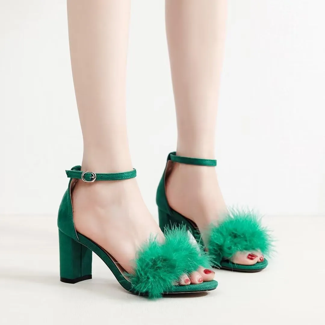 JOEupin Women's Ankle Strap Fluffy Feather Ankle Strap Block Heels Sandals Party Evening High Heel Pump Shoes 2.75"