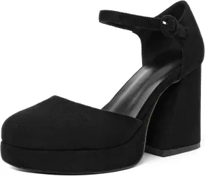 Joseywade Platform Mary Janes Women Chunky Block Heel Pumps Closed Round Toe 4 Inch Ankle Strap High Heel Shoes