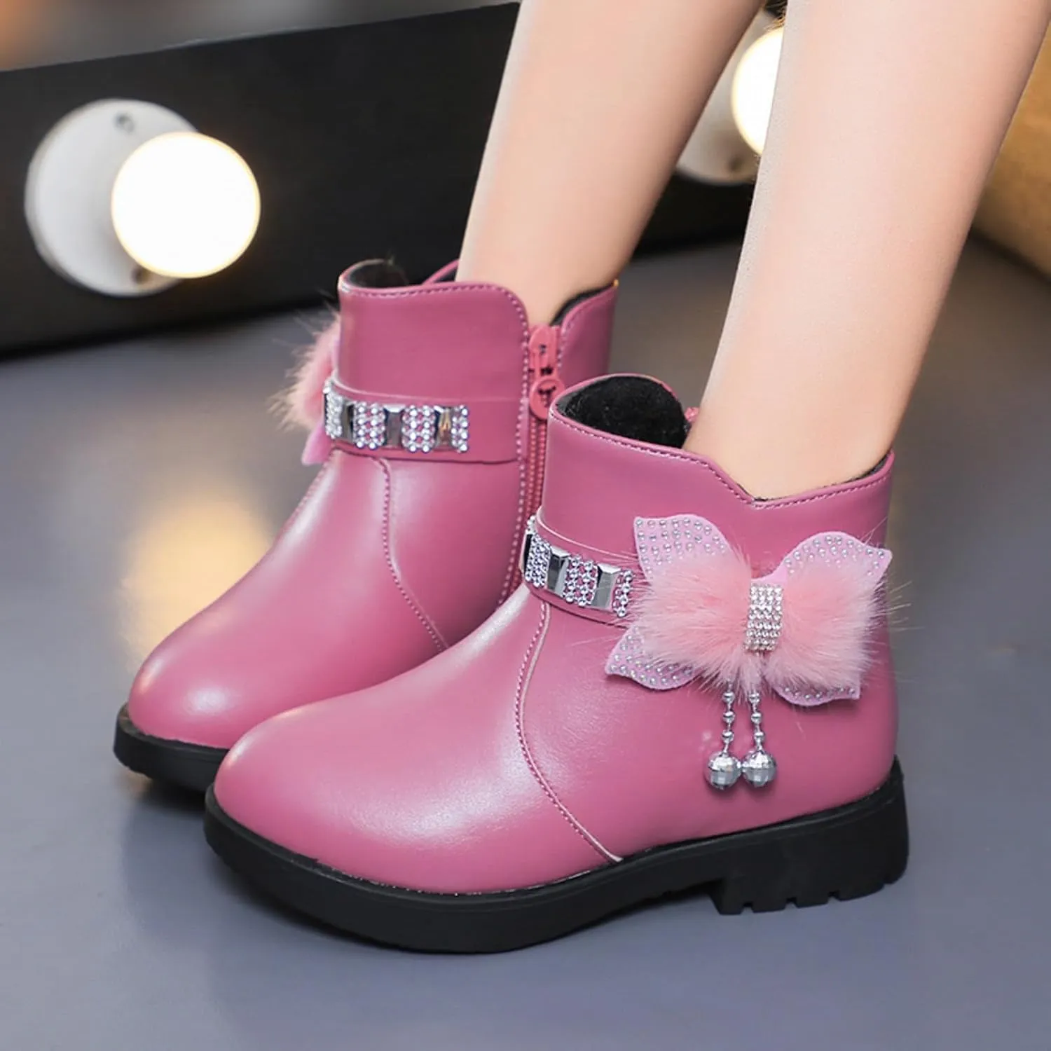 Kids Ankle Boots for Girls Side Zipper Round Toe Casual Short Booties Short Glitter Side Zipper Casual Shoes