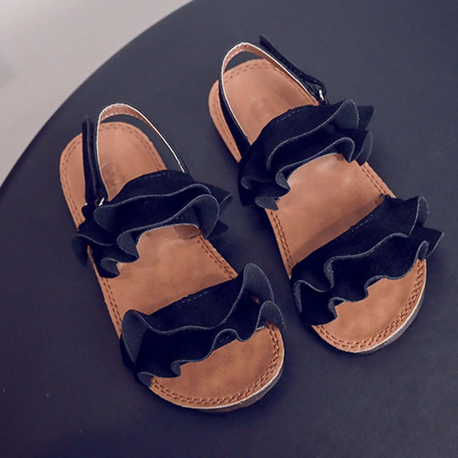 Kids Cork Footbed Flat Bottom Sandals Strap Wide Shoes Ruffle Buckle Baby Girls Light Breathable Non Slip Shoesfashio