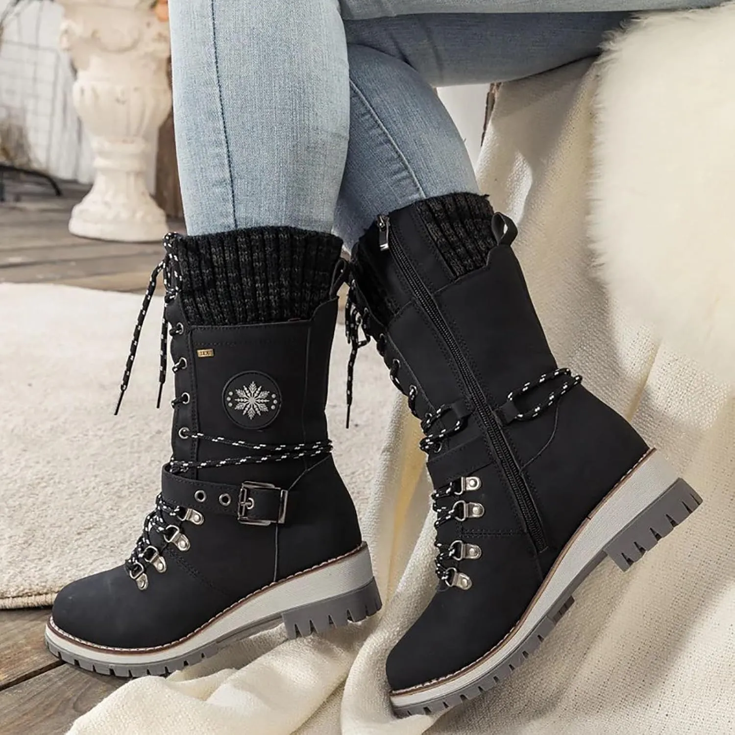 Lace Up Mid Calf Snow Boots for Women Square Heel Belt Boots Fleece Lined Warm Boots Classic Versatile Boots