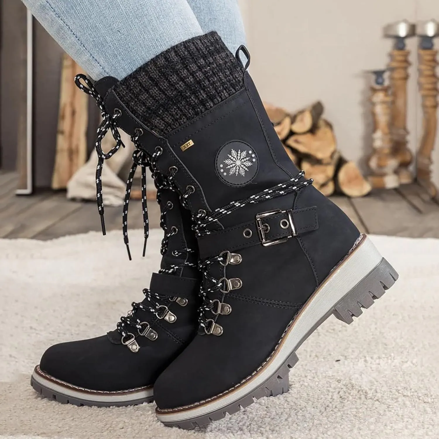 Lace Up Mid Calf Snow Boots for Women Square Heel Belt Boots Fleece Lined Warm Boots Classic Versatile Boots