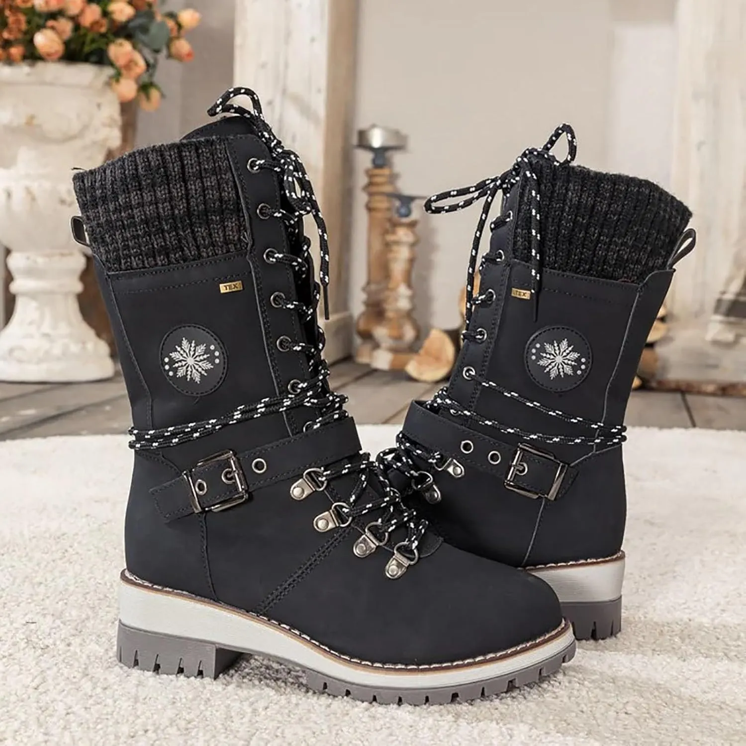 Lace Up Mid Calf Snow Boots for Women Square Heel Belt Boots Fleece Lined Warm Boots Classic Versatile Boots