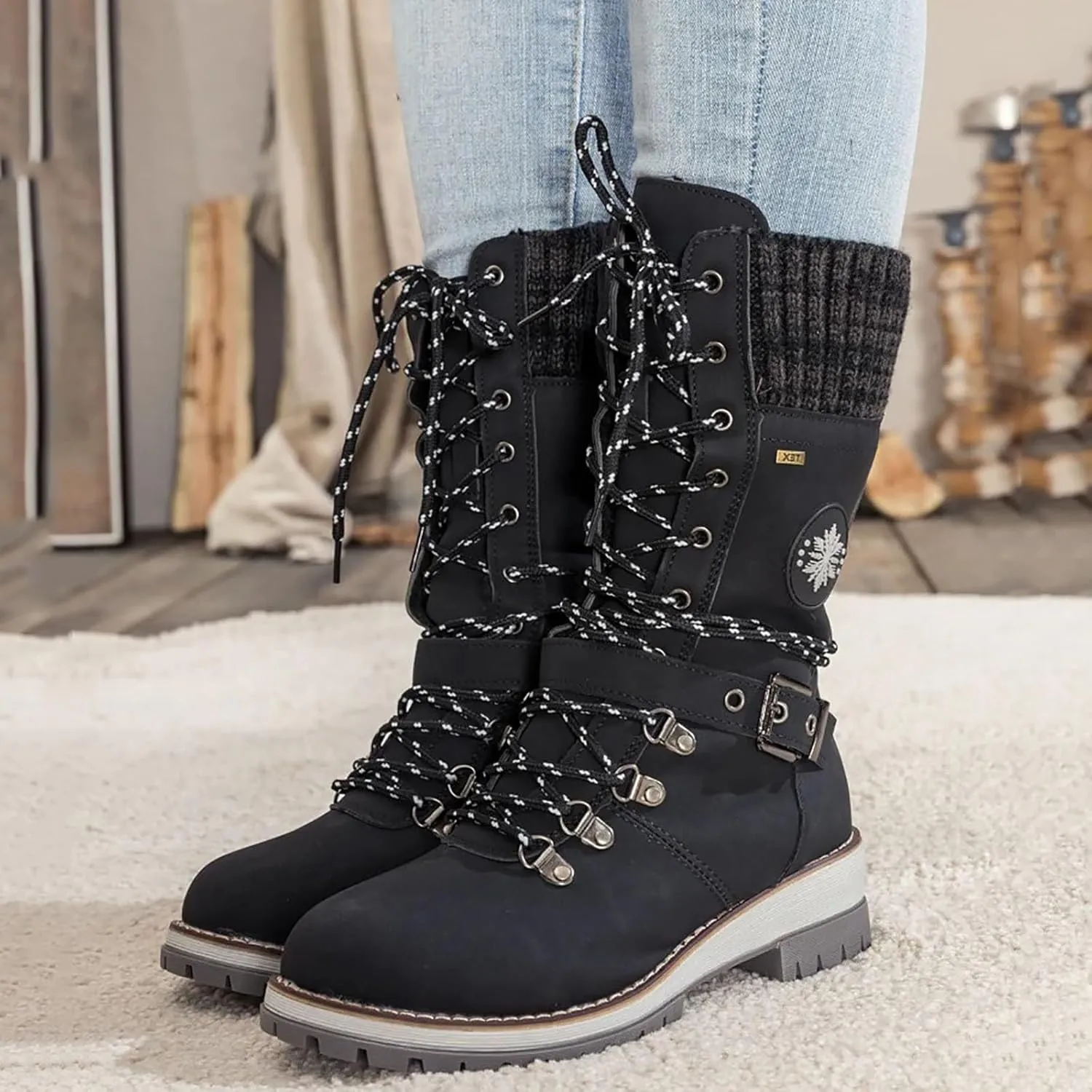 Lace Up Mid Calf Snow Boots for Women Square Heel Belt Boots Fleece Lined Warm Boots Classic Versatile Boots