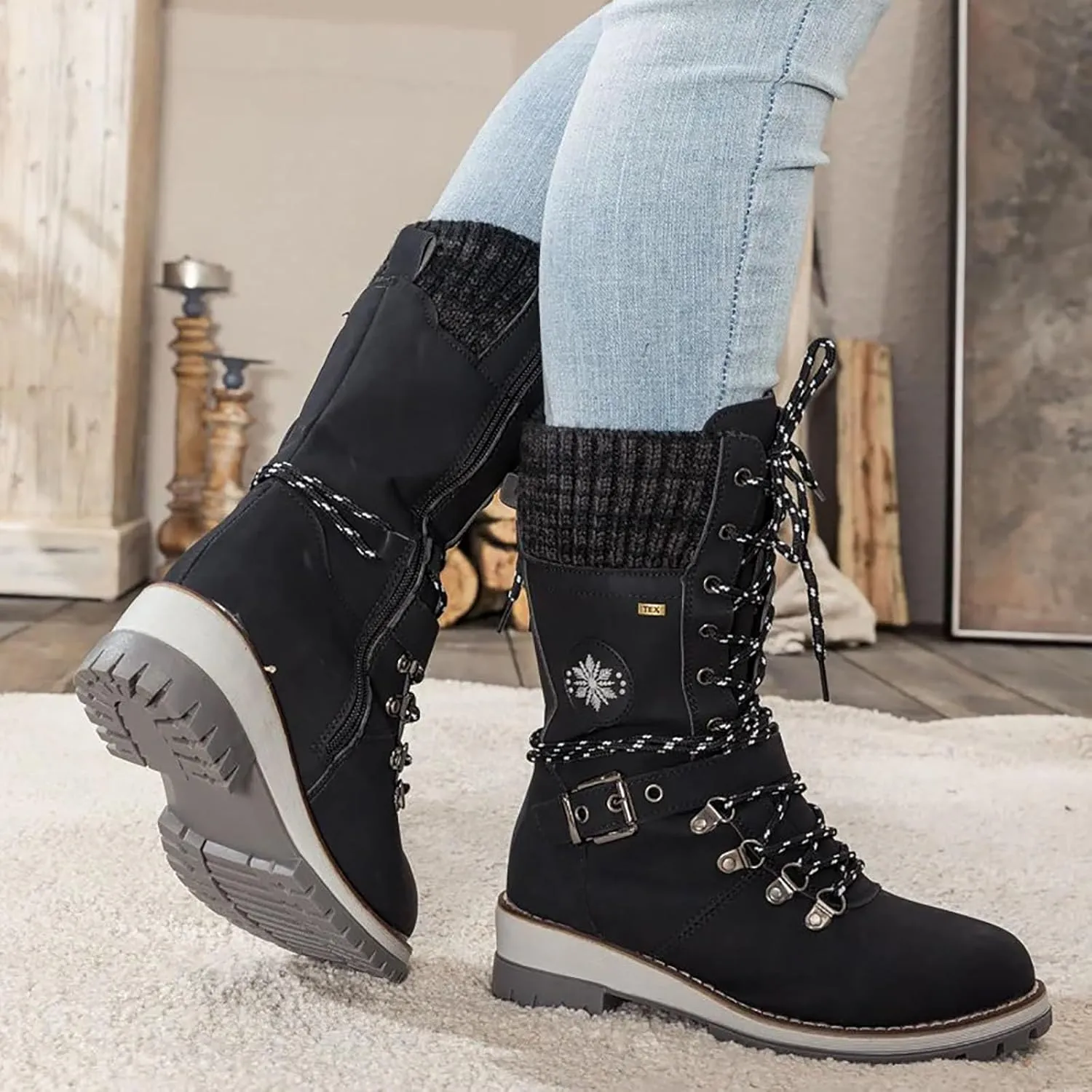 Lace Up Mid Calf Snow Boots for Women Square Heel Belt Boots Fleece Lined Warm Boots Classic Versatile Boots
