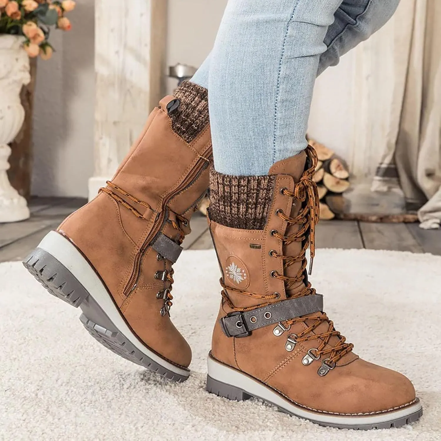 Lace Up Mid Calf Snow Boots for Women Square Heel Belt Boots Fleece Lined Warm Boots Flat Boots for Women